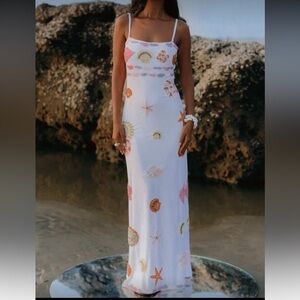 Oceanus inspired White Maxi Dress with sea patterns